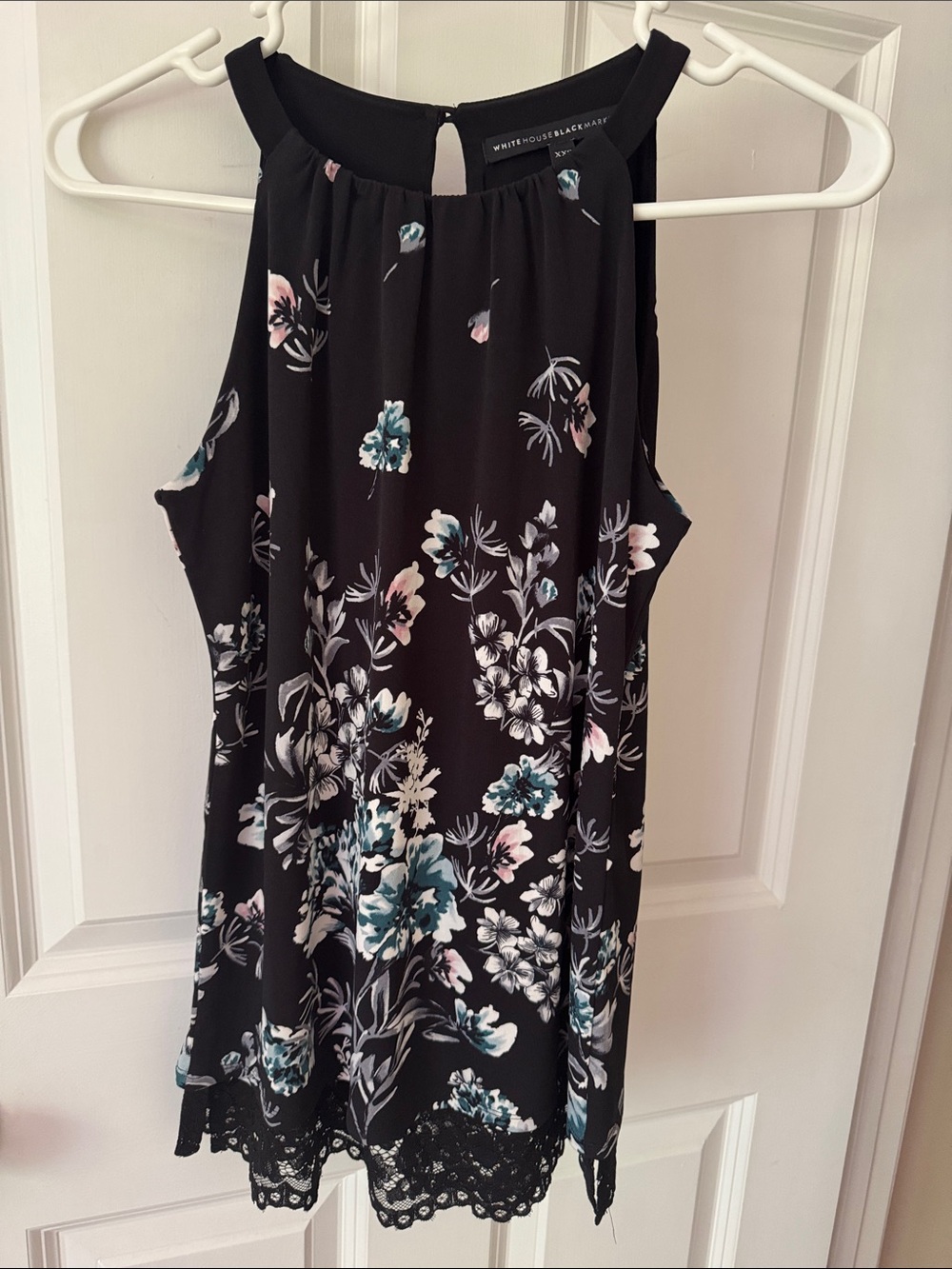 White House Black Market Black Floral Halter Tank with Lace Hem